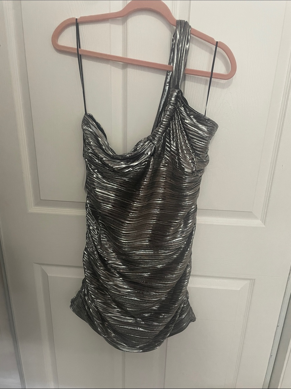 Astr Metallic Silver One-Shoulder Ruched Mini Dress
